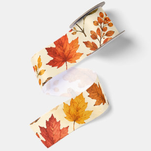 Autumn Watercolor Pumpkins, Fall Leaves & Woodland Satin Ribbon