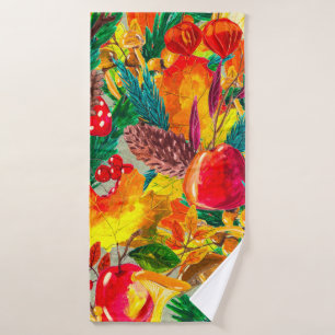 Autumn watercolor seamless pattern with leaves mus bath towel