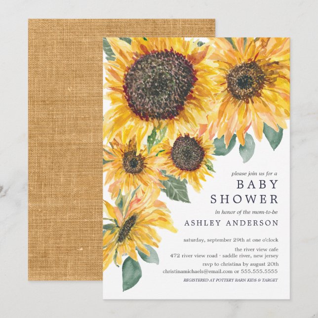 Autumn Watercolor Sunflowers Floral Baby Shower Invitation (Front/Back)