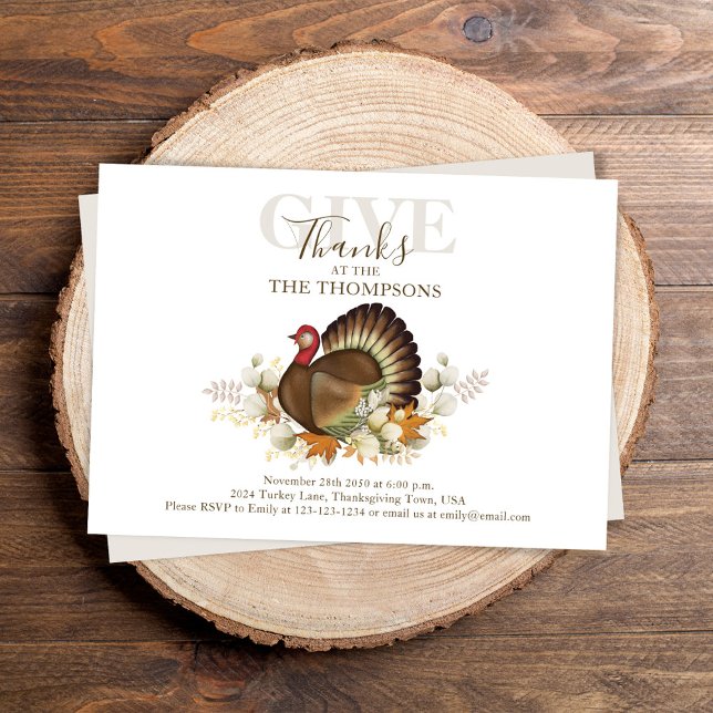 Autumn Watercolor Turkey Thanksgiving Dinner Invitation (Thanksgiving dinner invitation with watercolor turkey and fall foliage. )