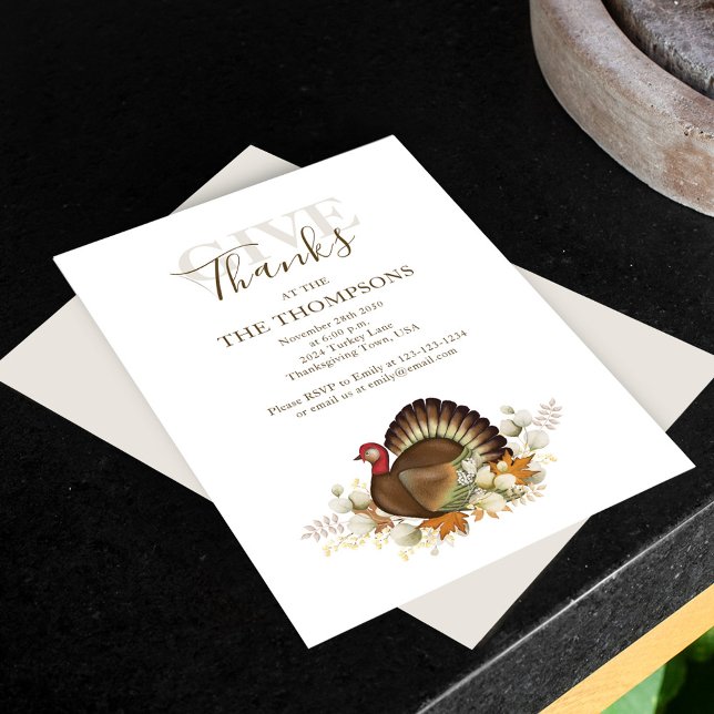Autumn Watercolor Turkey Thanksgiving Dinner Invitation (Thanksgiving dinner invitation with watercolor turkey and fall foliage. )