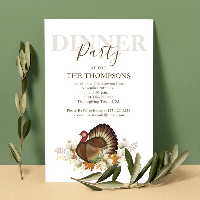 Autumn Watercolor Turkey Thanksgiving Dinner Invitation (Thanksgiving dinner invitation with watercolor turkey and fall foliage. )