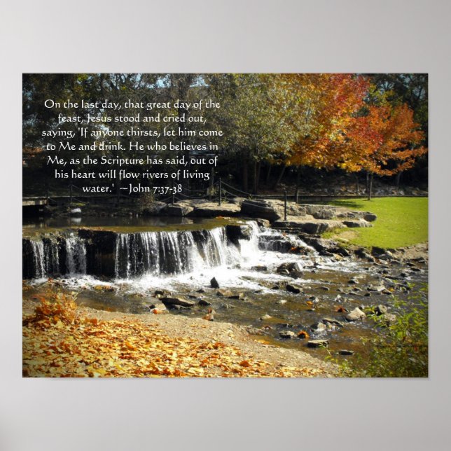 Autumn Waterfall Scene John 7:37 Bible Verse Poster (Front)