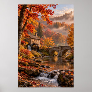 Autumn Watermill Stone Bridge Creek Wall Art