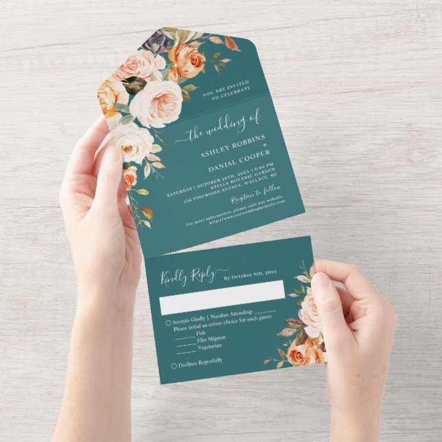 Autumn Wedding Dark Teal Gold Leaves Floral All In One Invitation (Tearaway)