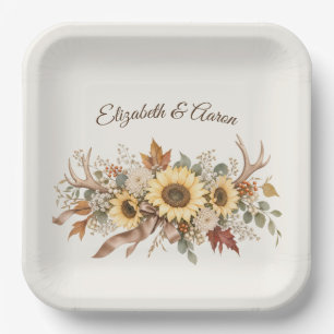 Autumn Wedding Deer Antlers and Sunflowers Paper Plate