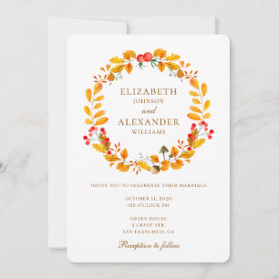 Autumn wedding. Fall invitation. Yellow wreath Invitation