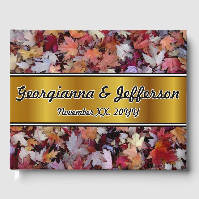 Autumn Wedding Fallen Leaves + Faux Gold Band Guest Book (Front)