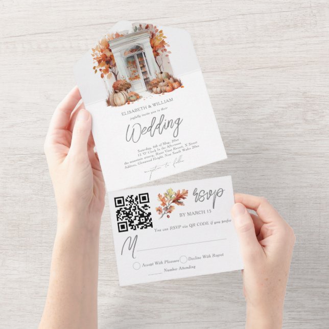 Autumn Wedding Front Door Rsvp QR Code All In One Invitation (Tearaway)