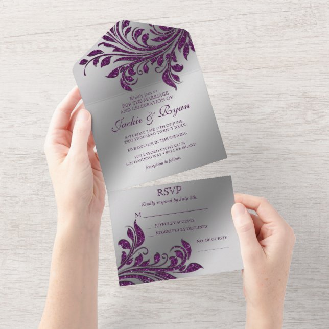 Autumn Wedding Sparkle Leaf Purple Silver All In One Invitation (Tearaway)