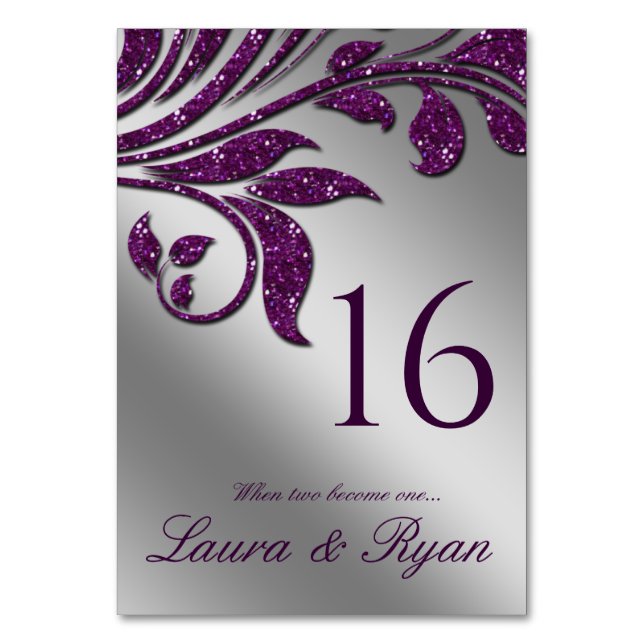 Autumn Wedding Sparkle Leaf Purple Silver Table Number (Front)
