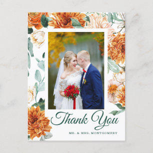 Autumn Wedding Thank You Green Watercolor Floral Postcard
