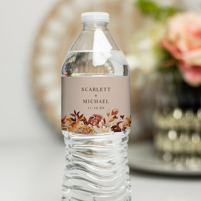 Autumn Wedding Water Bottle Label (Autumn Taupe Floral Wedding Water Bottle Label by Painted Paperie

)