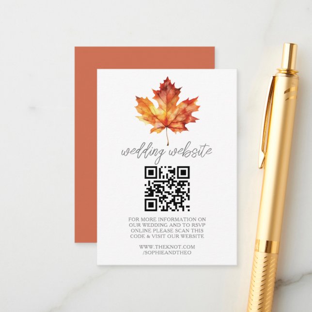 Autumn Wedding Website Information Watercolor Leaf Enclosure Card (Front/Back In Situ)