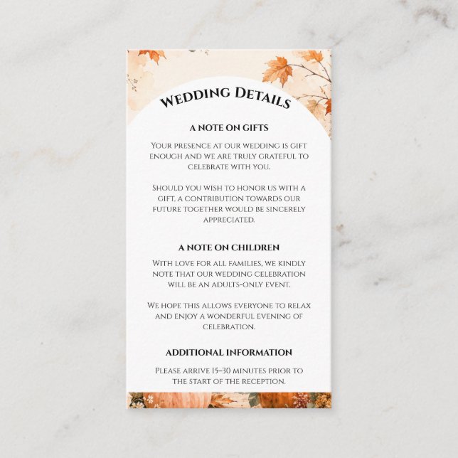 Autumn Wedding with Pumpkins & Boho Florals Enclosure Card (Front)