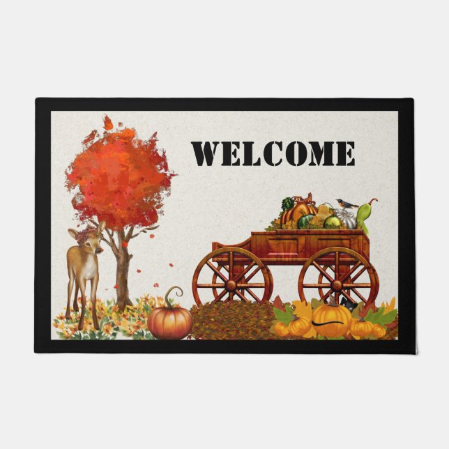 Autumn Welcome Door Mat with Wooden Wagon and Deer (Front)