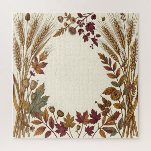 Autumn Wheat Leaf Acorn Harvest Wreath Frame Jigsaw Puzzle