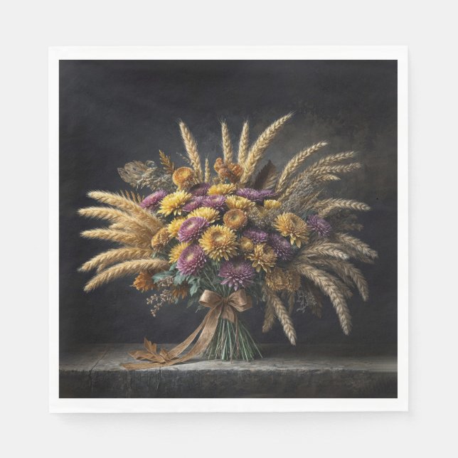 Autumn Wheat Stalks and Mum Bouquet Napkin (Front)