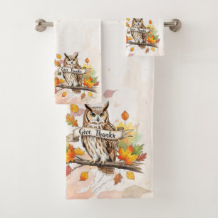 Autumn Whimsy – Thanksgiving Owl with Fall Leaves Bath Towel Set
