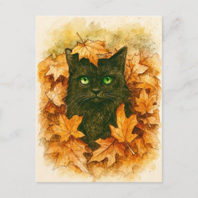 Autumn Whisper Black Cat Postcard (Front)