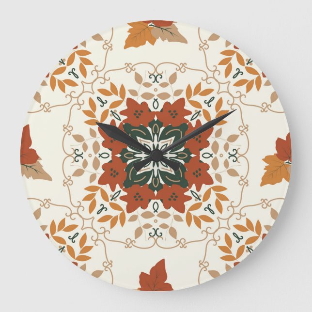 Autumn Whispers: Floral Geometric Blend Large Clock (Front)