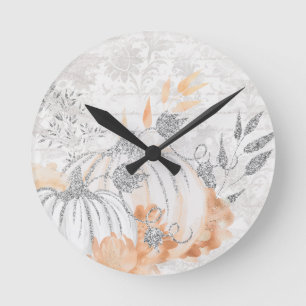 Autumn White And Silver Grey Pumpkins Round Clock