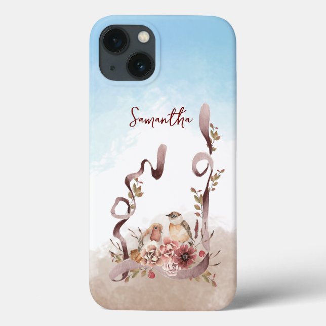 Autumn Wild Flowers Birds Personalised Name Case-Mate iPhone Case (Back)