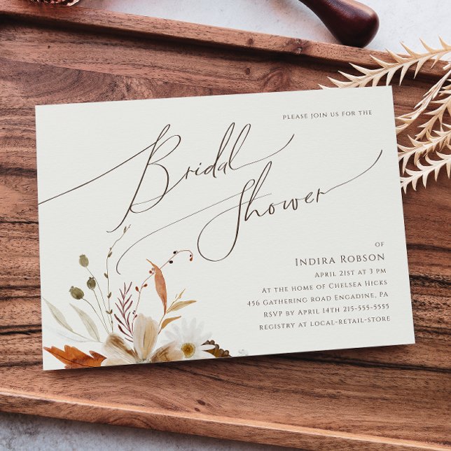 Autumn Wildflower Beige Horizontal Bridal Shower Invitation (Creator Uploaded)