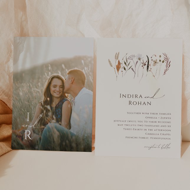 Autumn Wildflower | Beige Monogram Photo Wedding Invitation (Creator Uploaded)