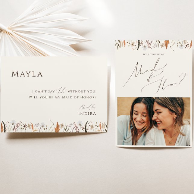 Autumn Wildflower Beige Photo Maid of Honour Card (Creator Uploaded)