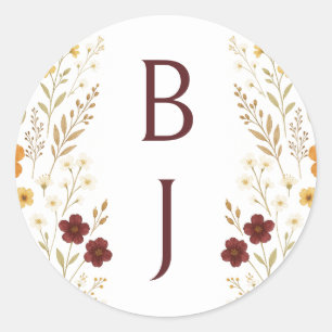 Autumn Wildflower Boho Monogram Wedding Classic Round Sticker