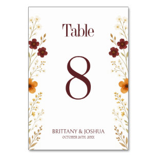 Autumn Wildflower Elegant Boho Wedding  Table Number
