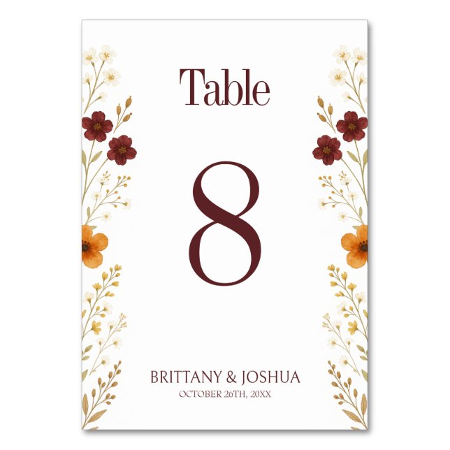 Autumn Wildflower Elegant Boho Wedding  Table Number (Front)