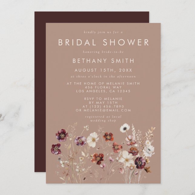 Autumn Wildflower Meadow Taupe Bridal Shower Invitation (Front/Back)
