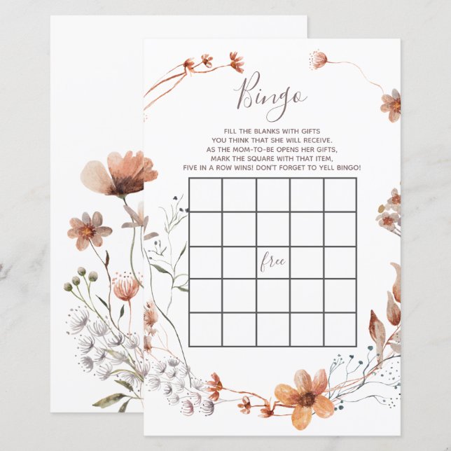 Autumn Wildflowers baby shower Bingo Game (Front/Back)