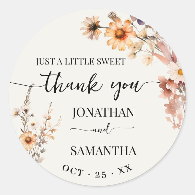 Autumn Wildflowers Boho Wedding A Sweet Thank You Classic Round Sticker (Front)