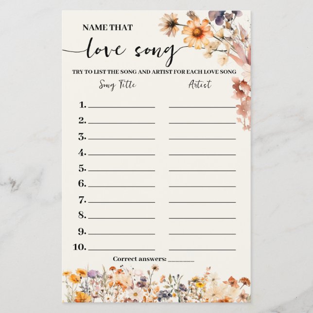Autumn Wildflowers Name Love Song Shower Game Card (Front)