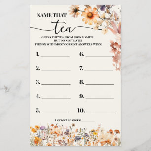 Autumn Wildflowers Name that Tea Shower Game Card