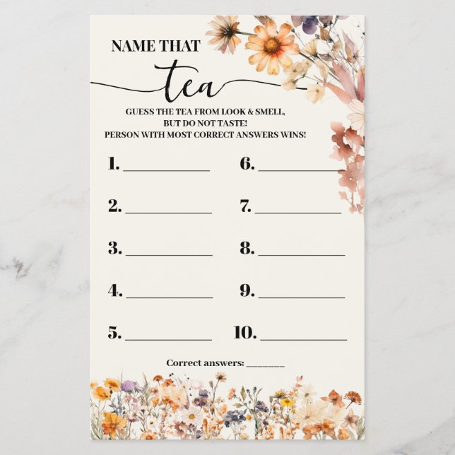 Autumn Wildflowers Name that Tea Shower Game Card (Front)