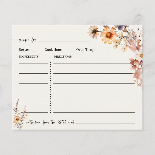 Autumn Wildflowers Recipe Card Boho Chic (Front)