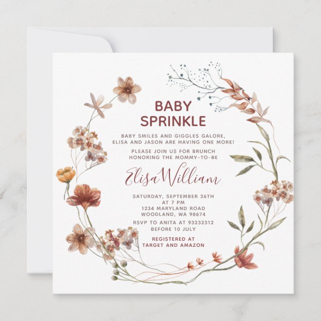 Autumn Wildflowers Watercolor Baby Sprinkle Invitation (Front)