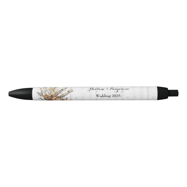 Autumn Wildflowers White Birch Tree Wedding  Black Ink Pen (Front)