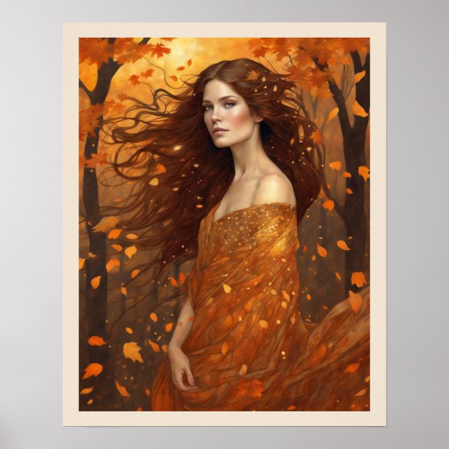 Autumn Wind Woman in Woods Art Nuevo Print (Front)