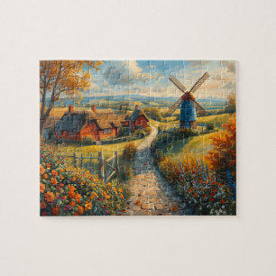 Autumn Windmill Farm Cottage Flower Path Jigsaw Puzzle