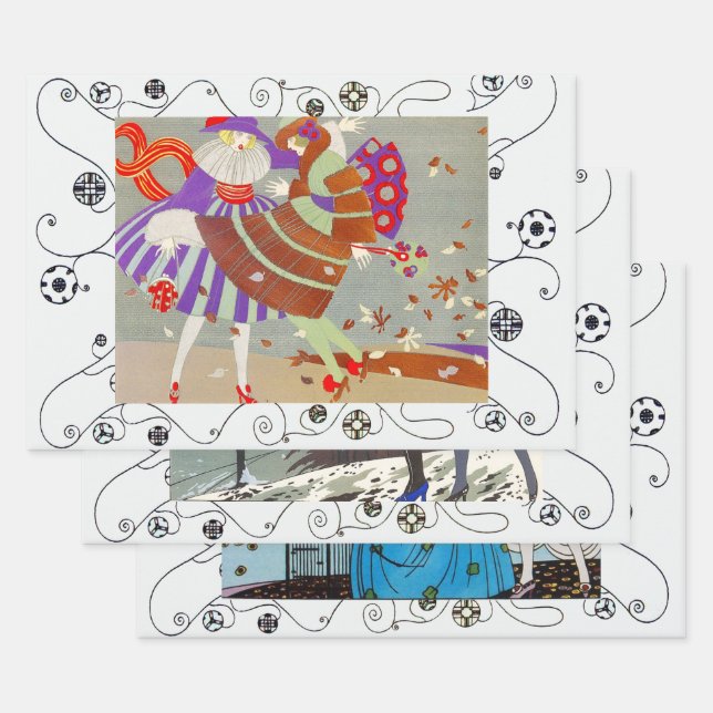 Autumn,Winter Spring Art Deco Woman Beauty Fashion Wrapping Paper Sheet (Set)