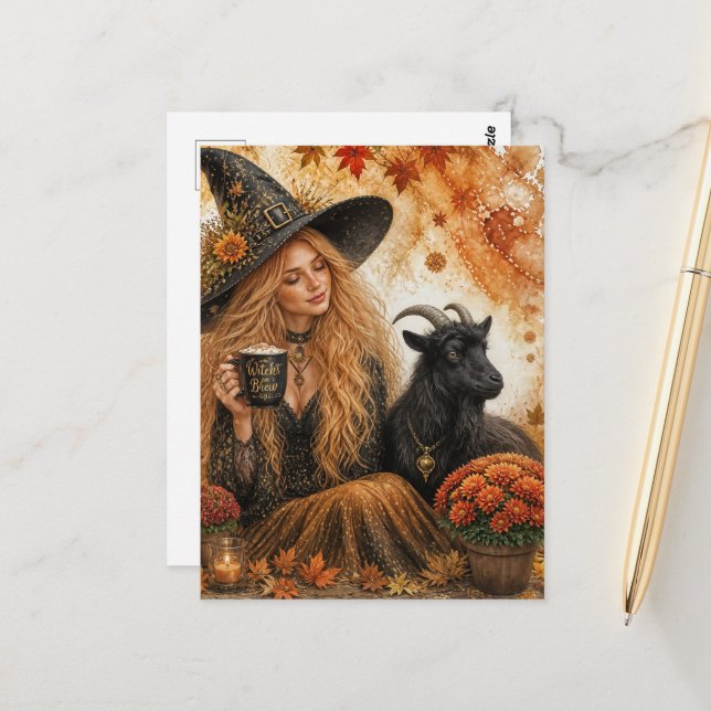 Autumn Witch and Goat Postcard (Front/Back In Situ)