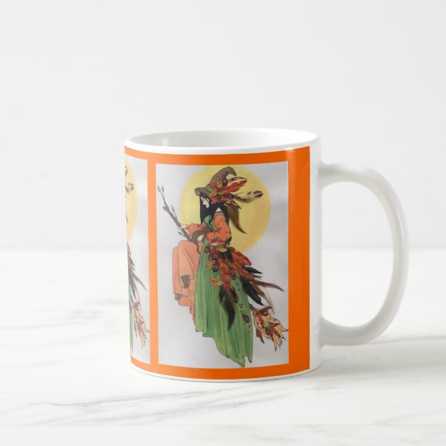 Autumn witch collage with feathers coffee mug (Right)