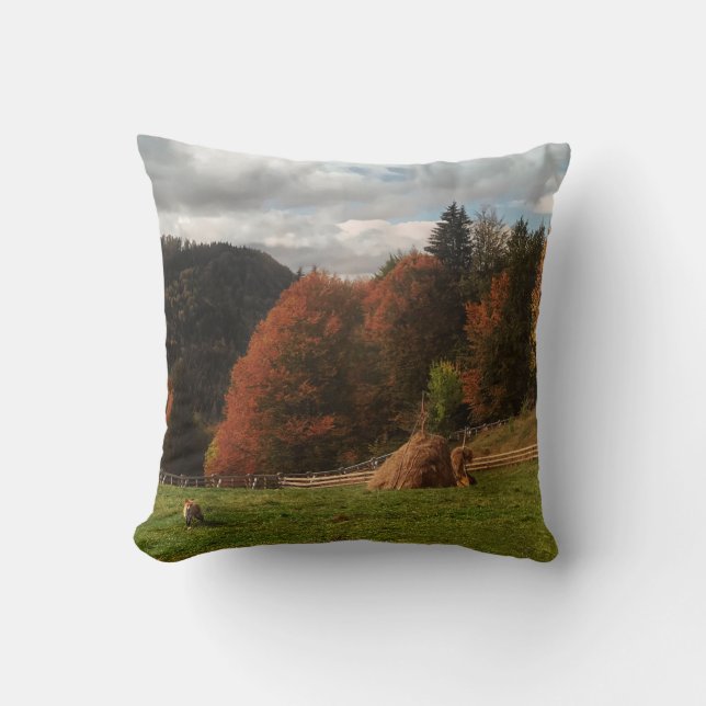 Autumn With Mountain Fox And Haystack Cushion (Front)
