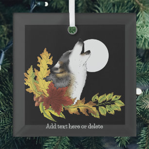 Autumn Wolf Howling Moon Black Glass Tree Decoration