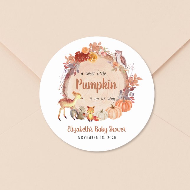 Autumn Woodland Animals Pumpkin Baby Shower Classic Round Sticker (Creator Uploaded)